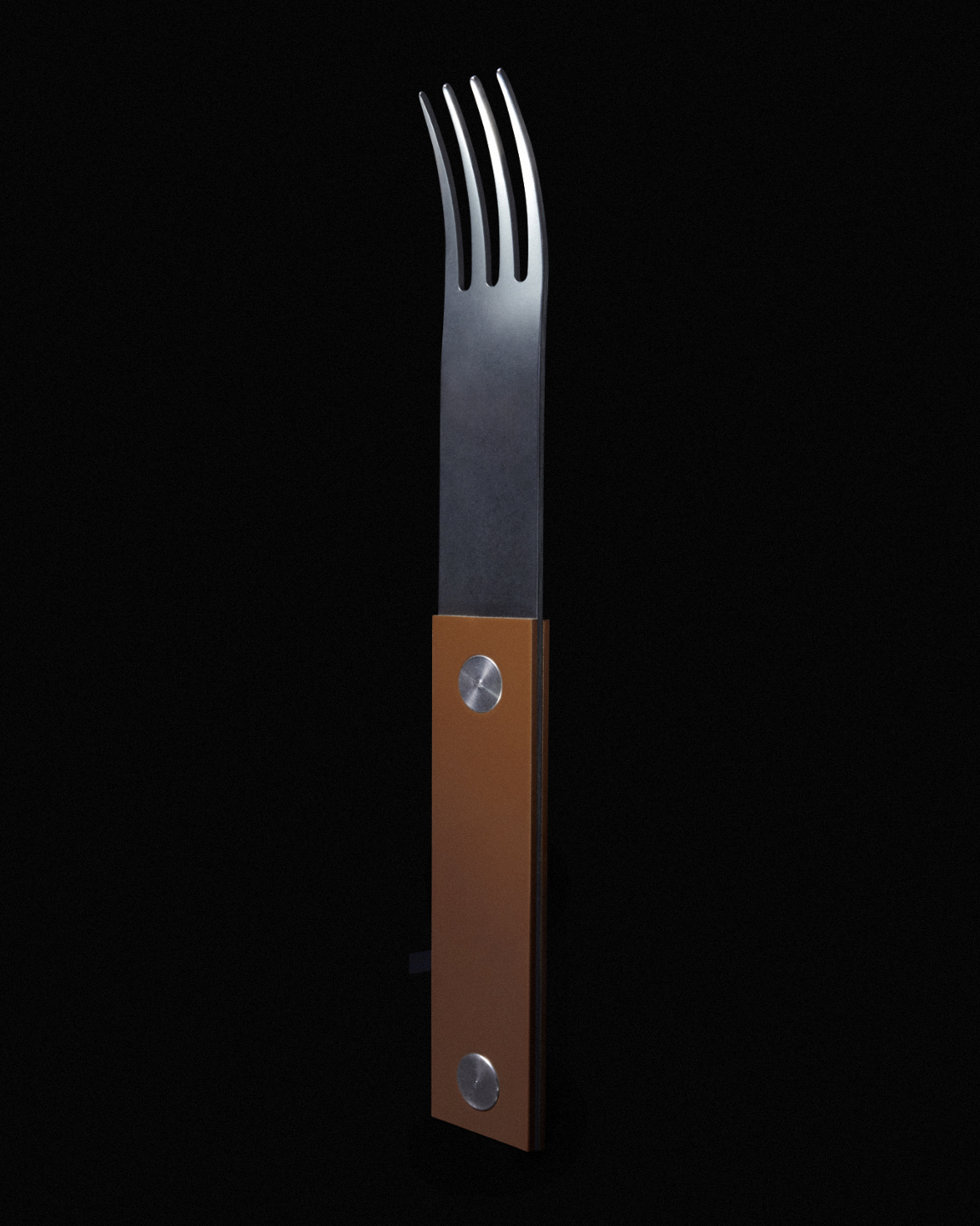 Fork plus brown fork angled black background Stainless steel fork with brown handles and rivets, angled on a black background