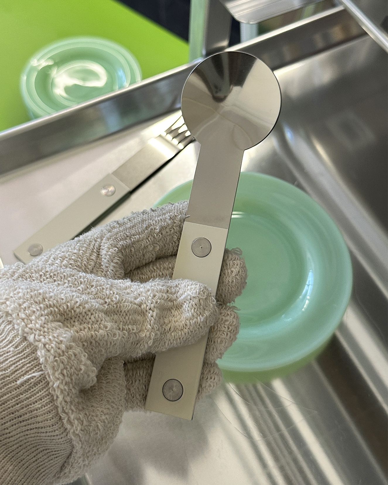 forks-plus-stainless-steel-spoon-almond-handles Gloved hand holding stainless steel spoon with white handle
