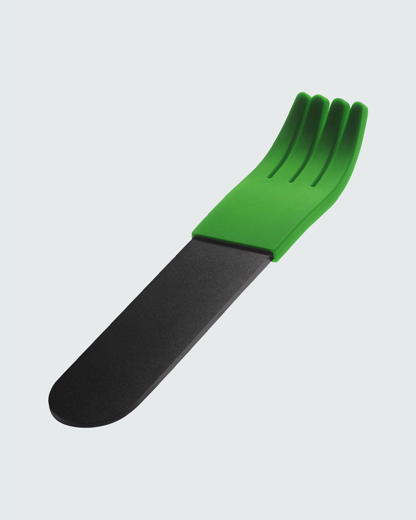 forks-plus-black-fork-green-sleeve-angled Black acrylic fork with green silicone sleeve, angled view on white background