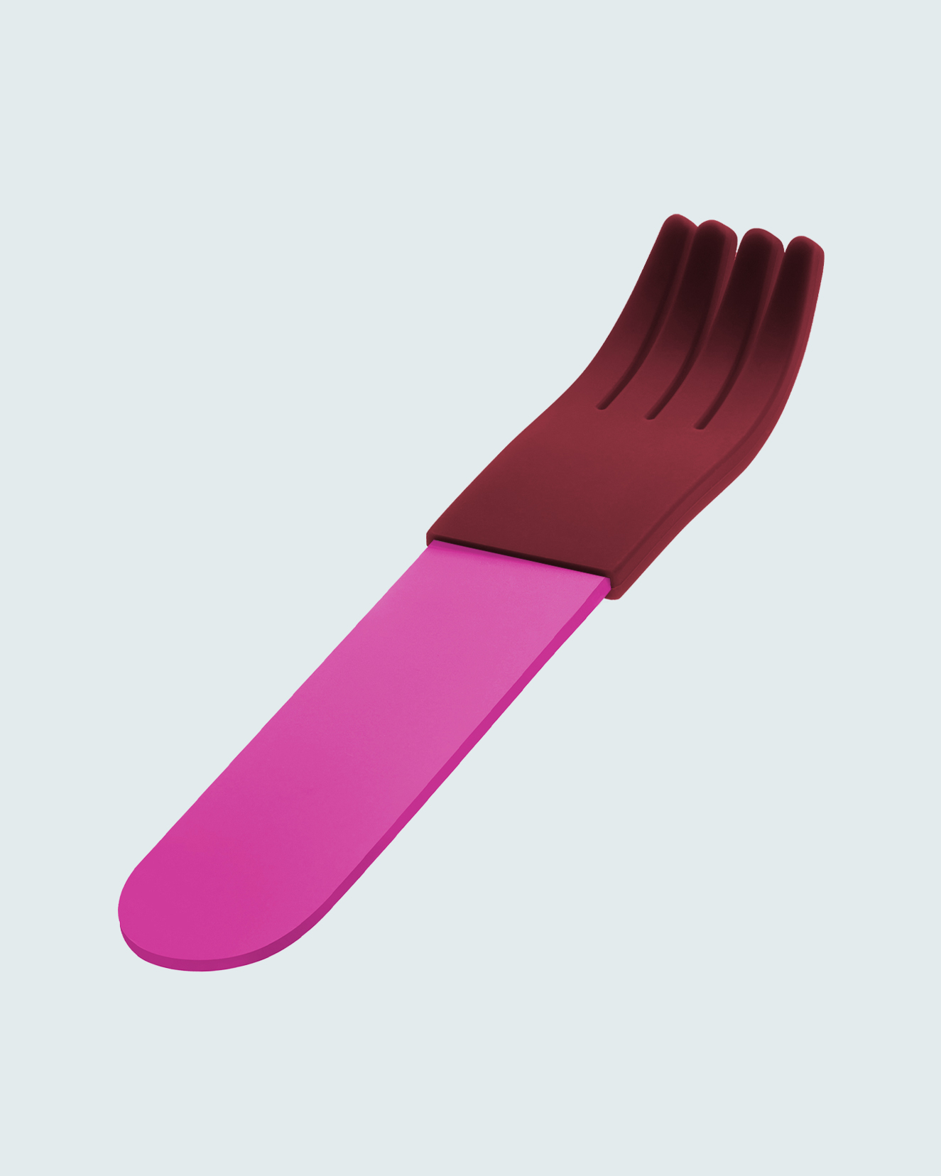 forks-plus-magenta-fork-maroon-sleeve-white-background Magenta acrylic fork with maroon silicone sleeve, angled on white background