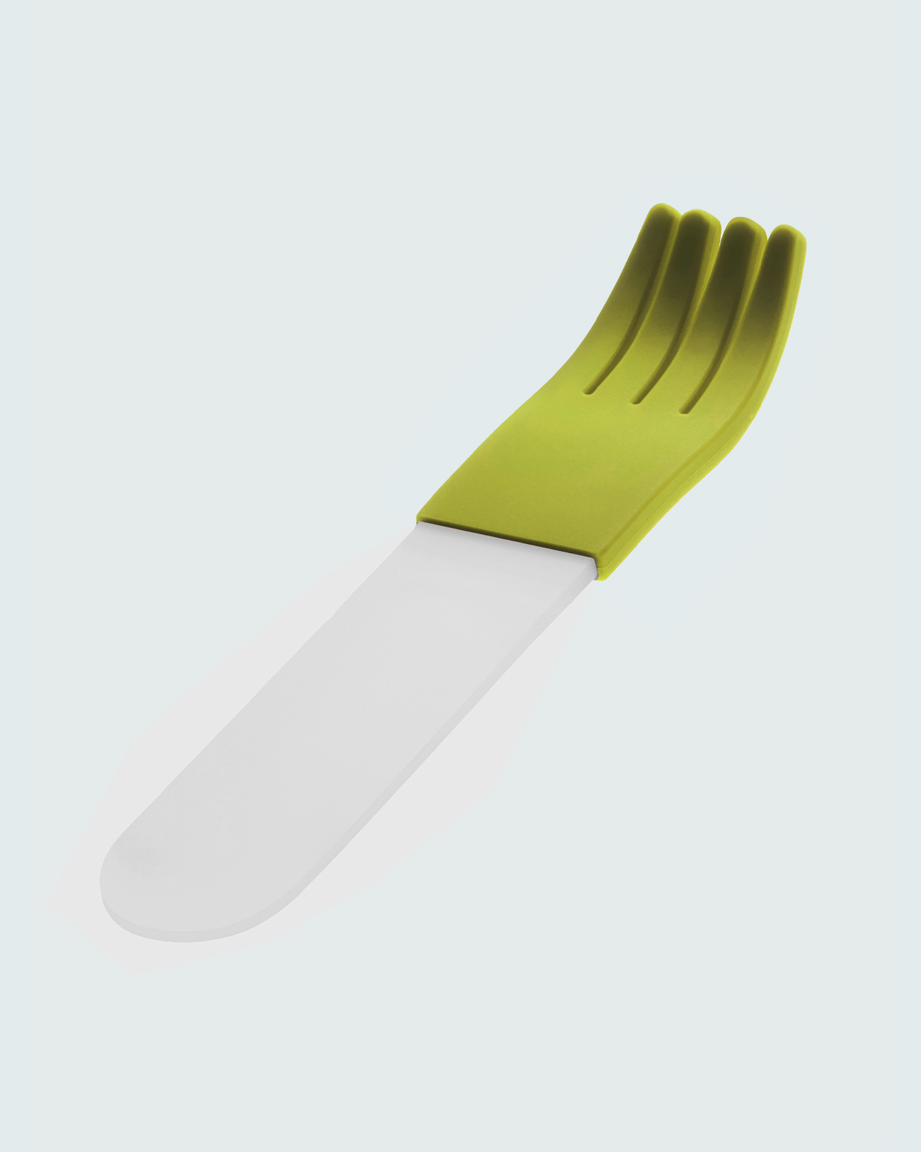 forks-plus-transparent-fork-green-sleeve-white-background Transparent acrylic fork with light green silicone sleeve, angled on white background