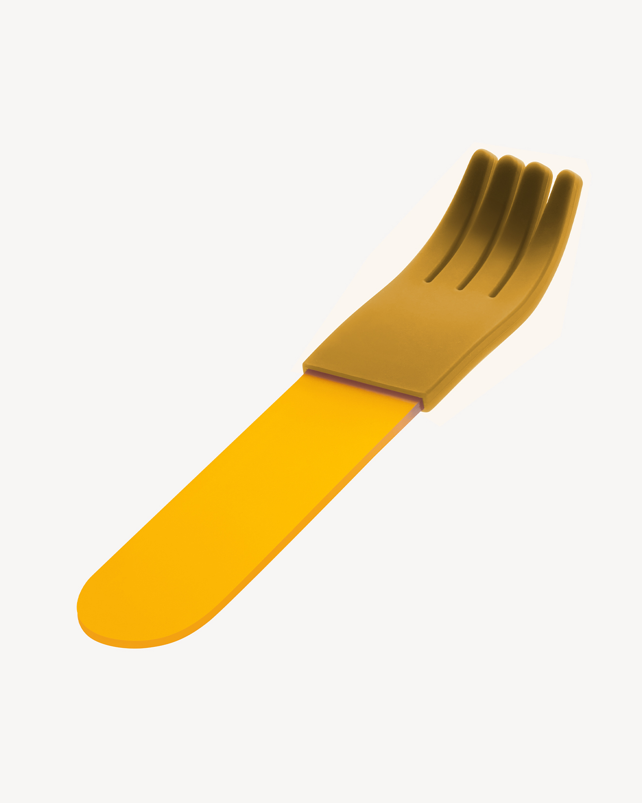 Yellow acrylic fork with golden silicone sleeve shot at an angle on white background